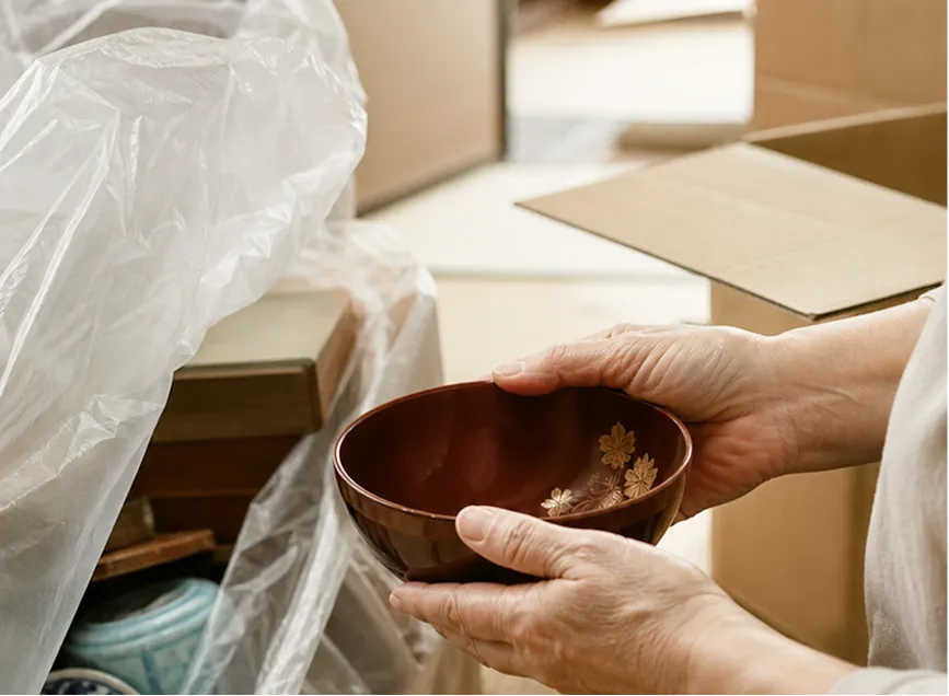 処分袋の前で遺品を確認する様子